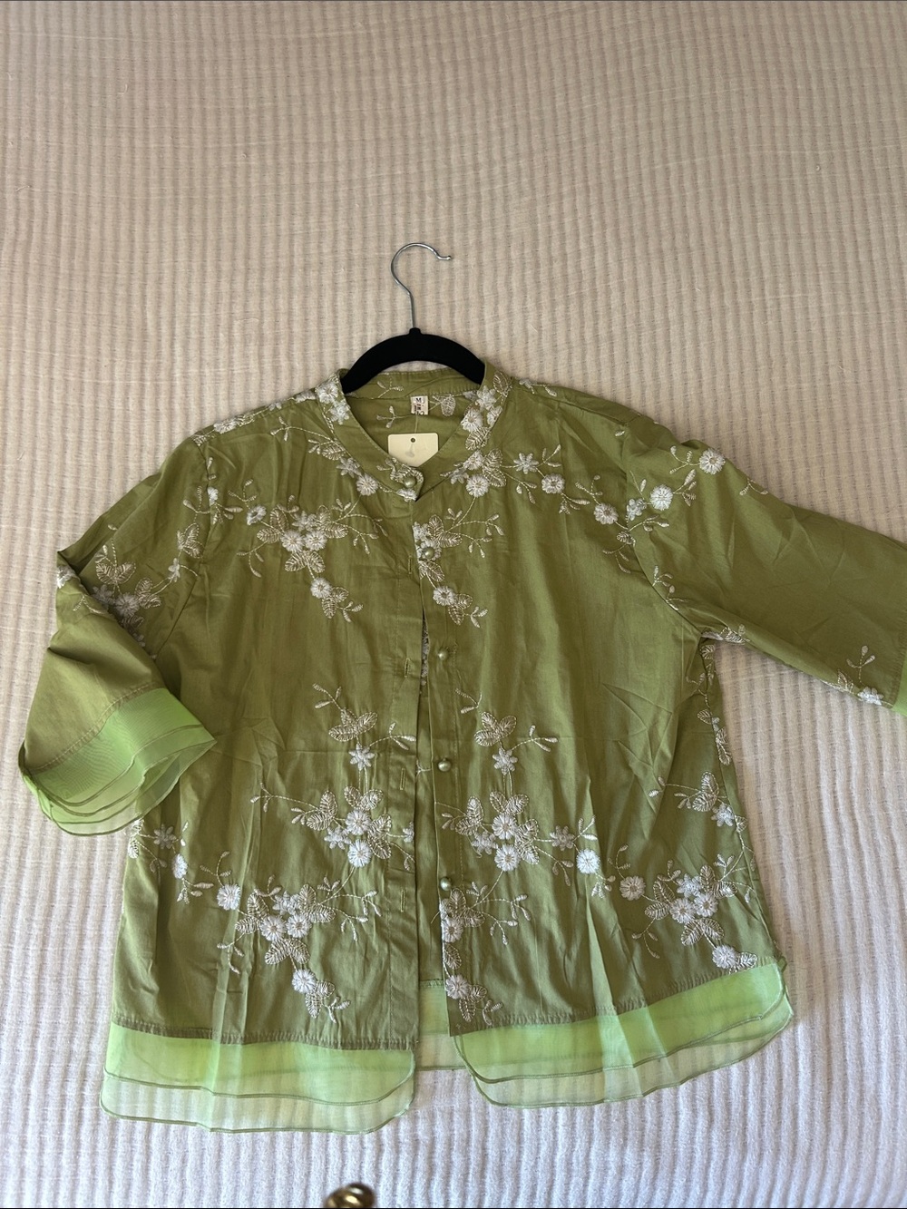 Olive Green Floral Embroidered Button-Front Top